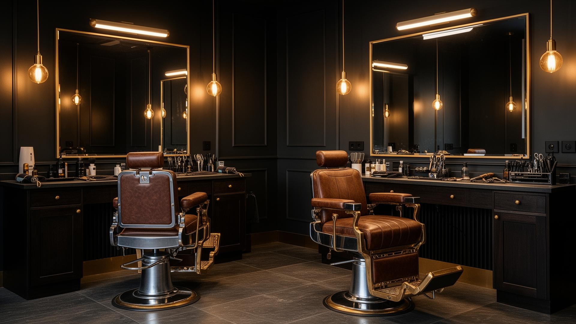 NY Barbershop II interior with premium leather chairs and warm amber lighting